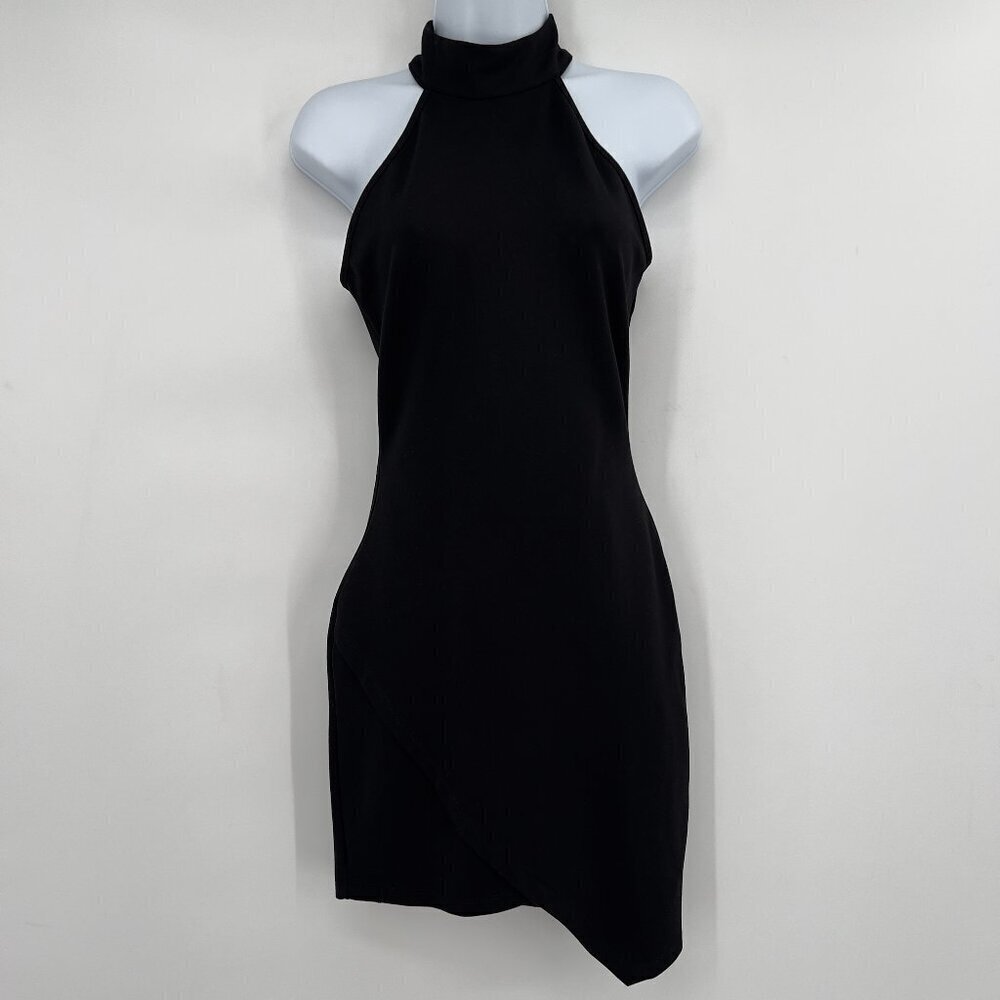 Superdown Black Halter Mini Cocktail Dress Women’s High Neck Asymmetrical Hem S